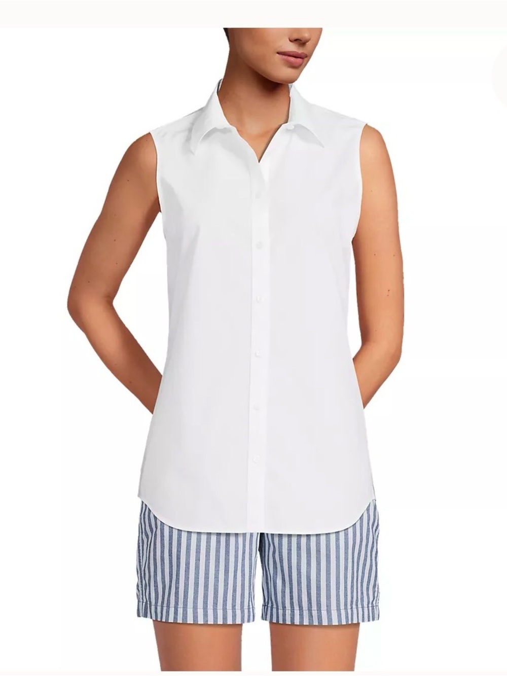 Lands' End Sleeveless White Button-Down Shirt.